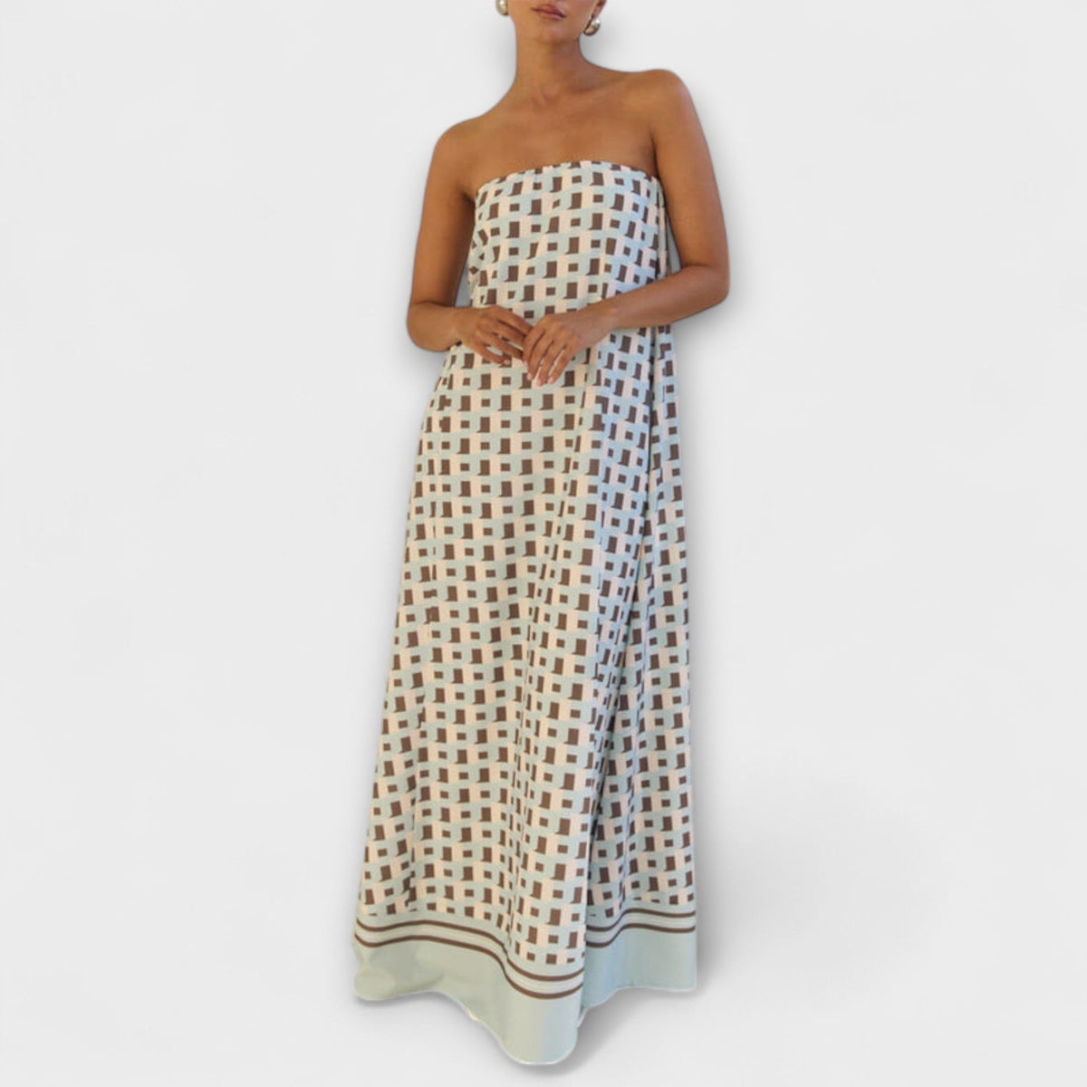 Rjava - Vestido maxi geométrico único con hombros descubiertos