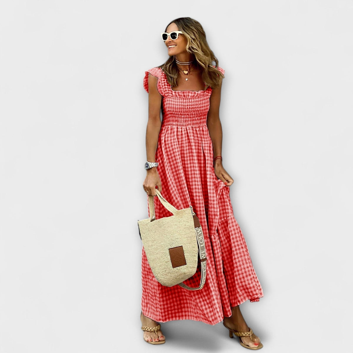 Vestido Maxi a Cuadros con Mangas Volantes