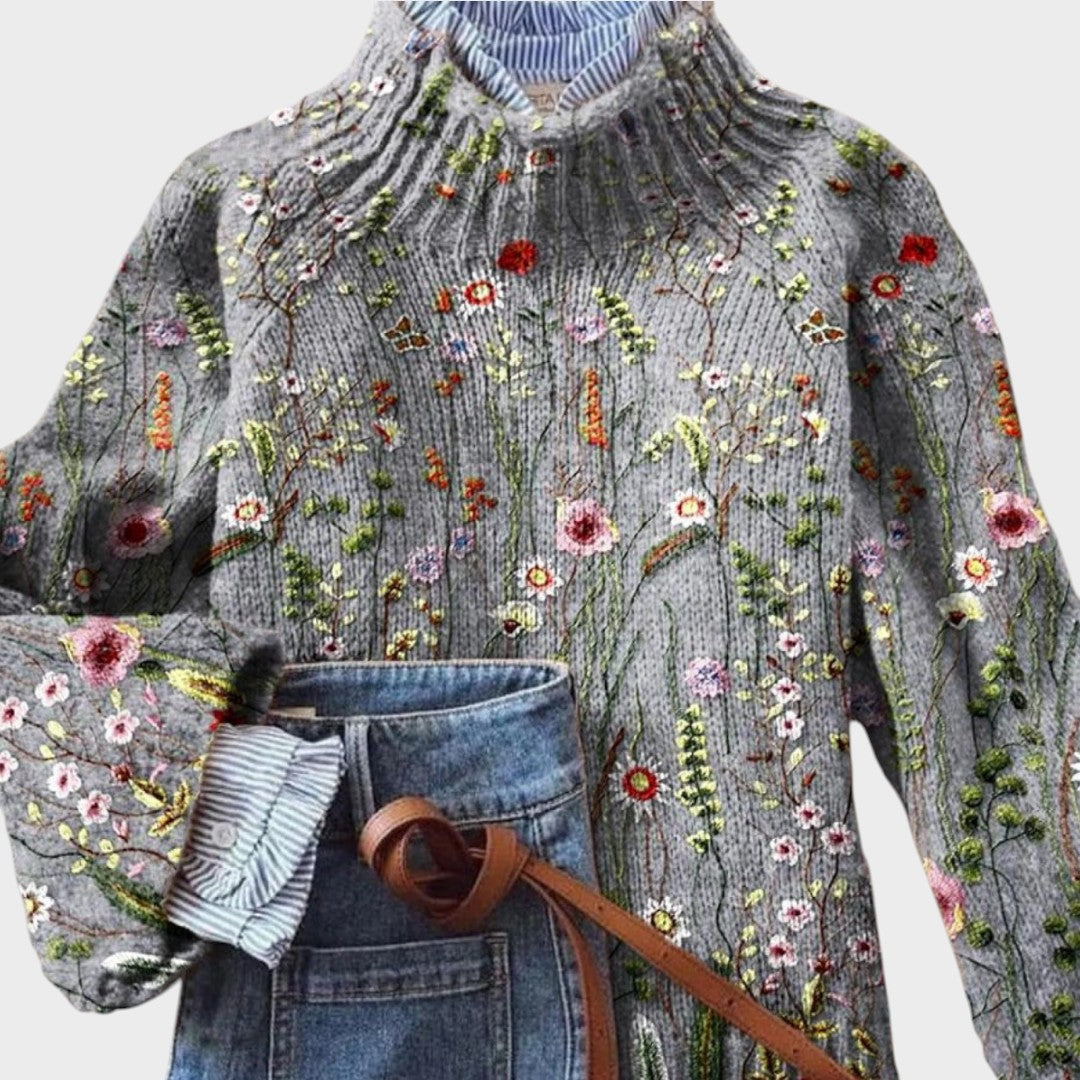 Maurine - Suéter vintage con motivo floral y cuello alto
