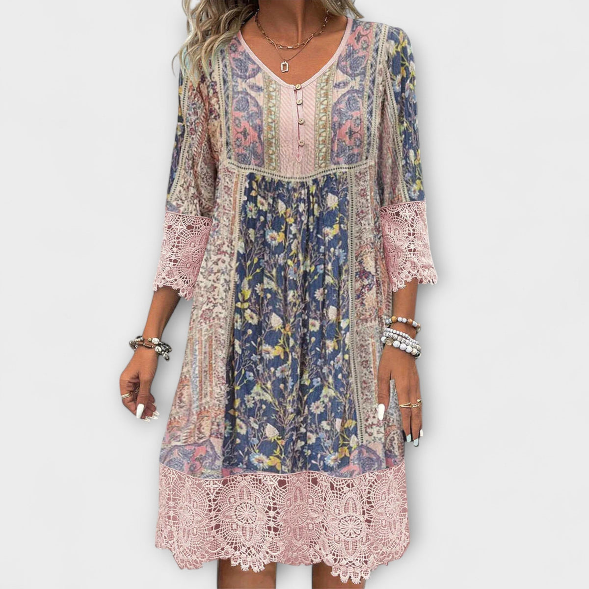 Casey - Vestido boho con encaje y motivo floral vintage