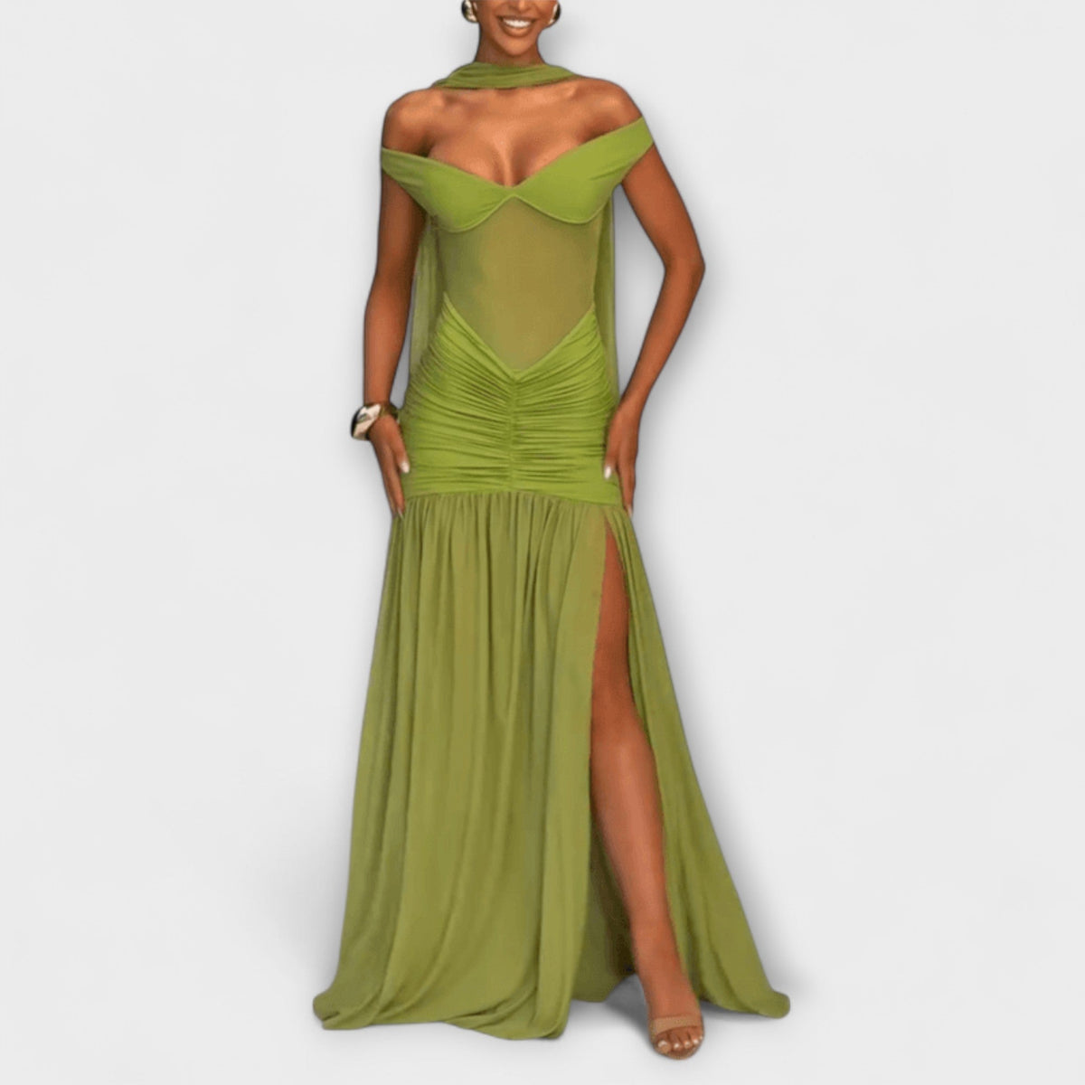Nicole - Vestido maxi con escote en V oliva