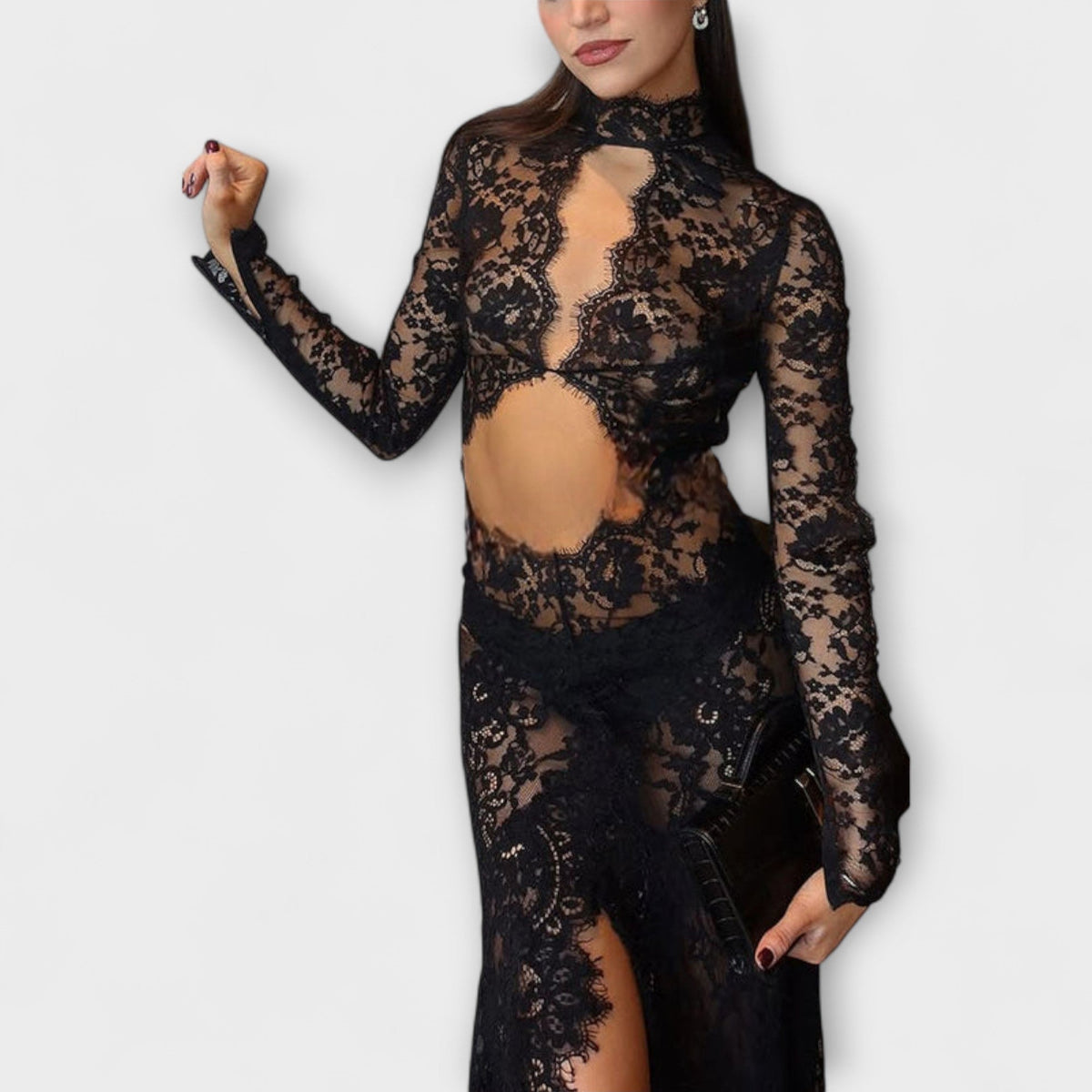 Azalea - Elegancia de Medianoche Vestido Maxi Largo con Mangas de Encaje Transparente