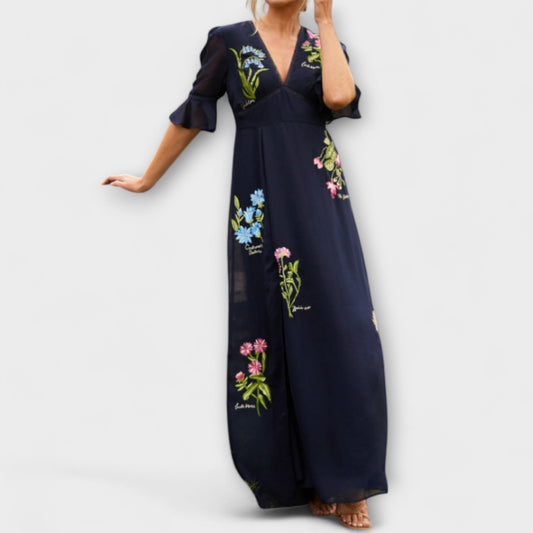 Béatrice - Vestidos elegantes azul marino con bordado floral