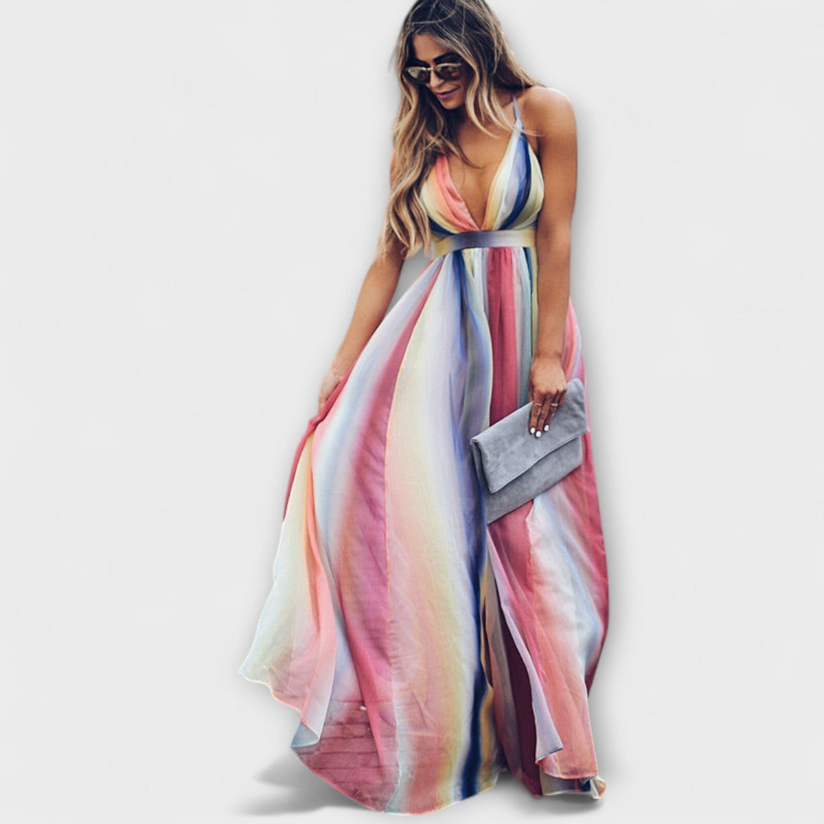 Vestido maxi mujer multicolor a rayas con escote en V