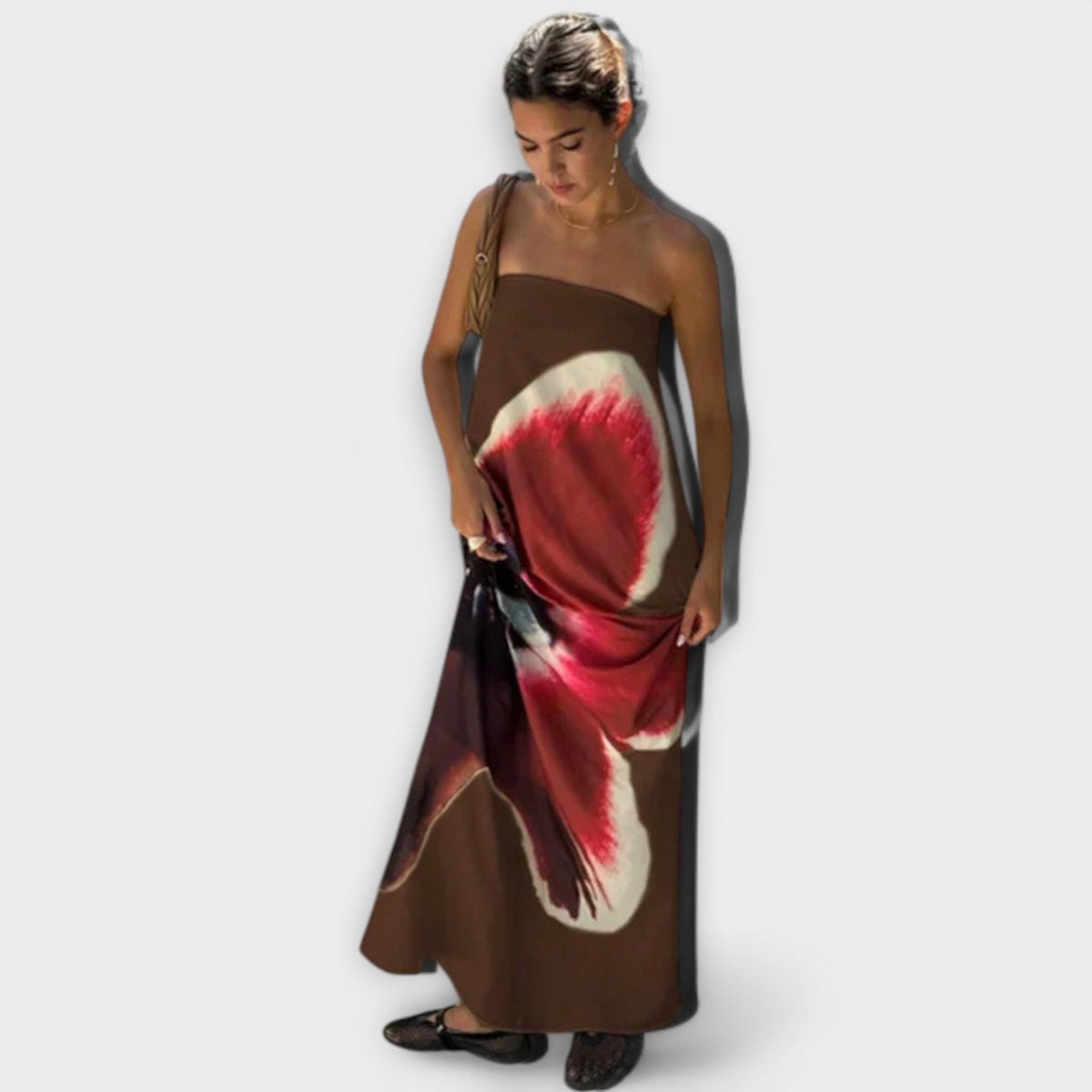 Vestido maxi sin mangas con hombro descubierto