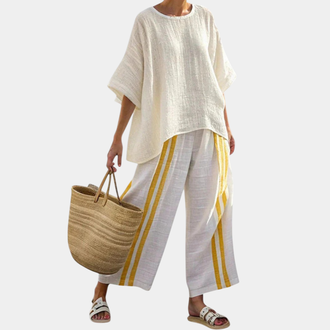 Arianna | Top elegante a rayas amarillas y pantalones de pierna ancha