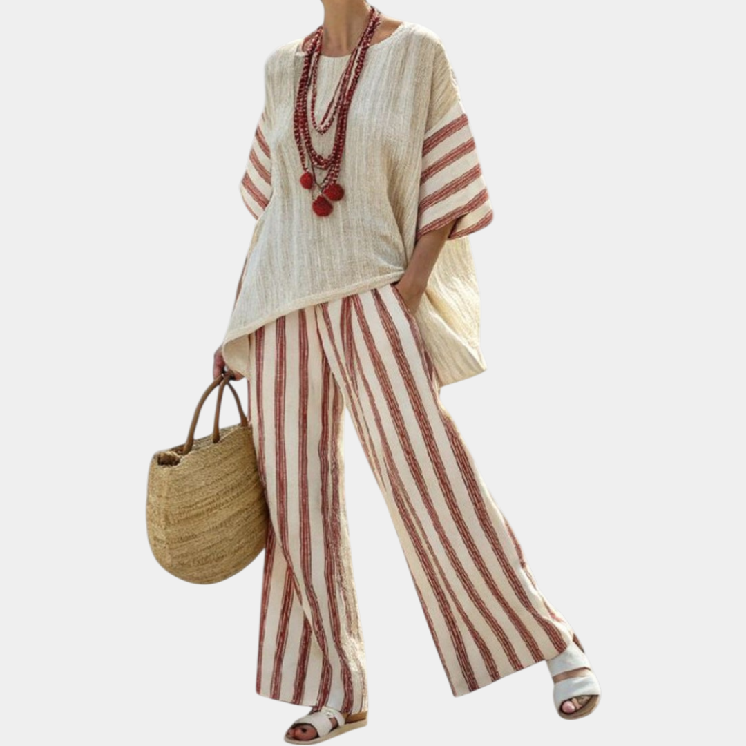 Rosalinda | Top elegante a rayas rústicas y pantalones crema