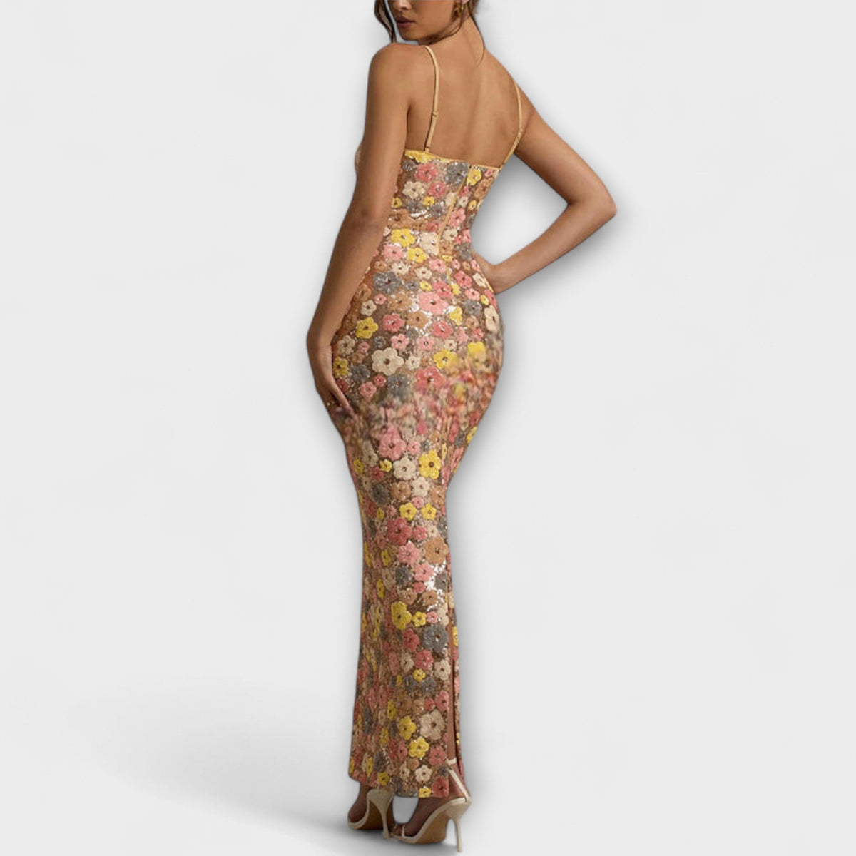 Oakley - Vestido Maxi con Flores y Paillettes Estilo Años 80