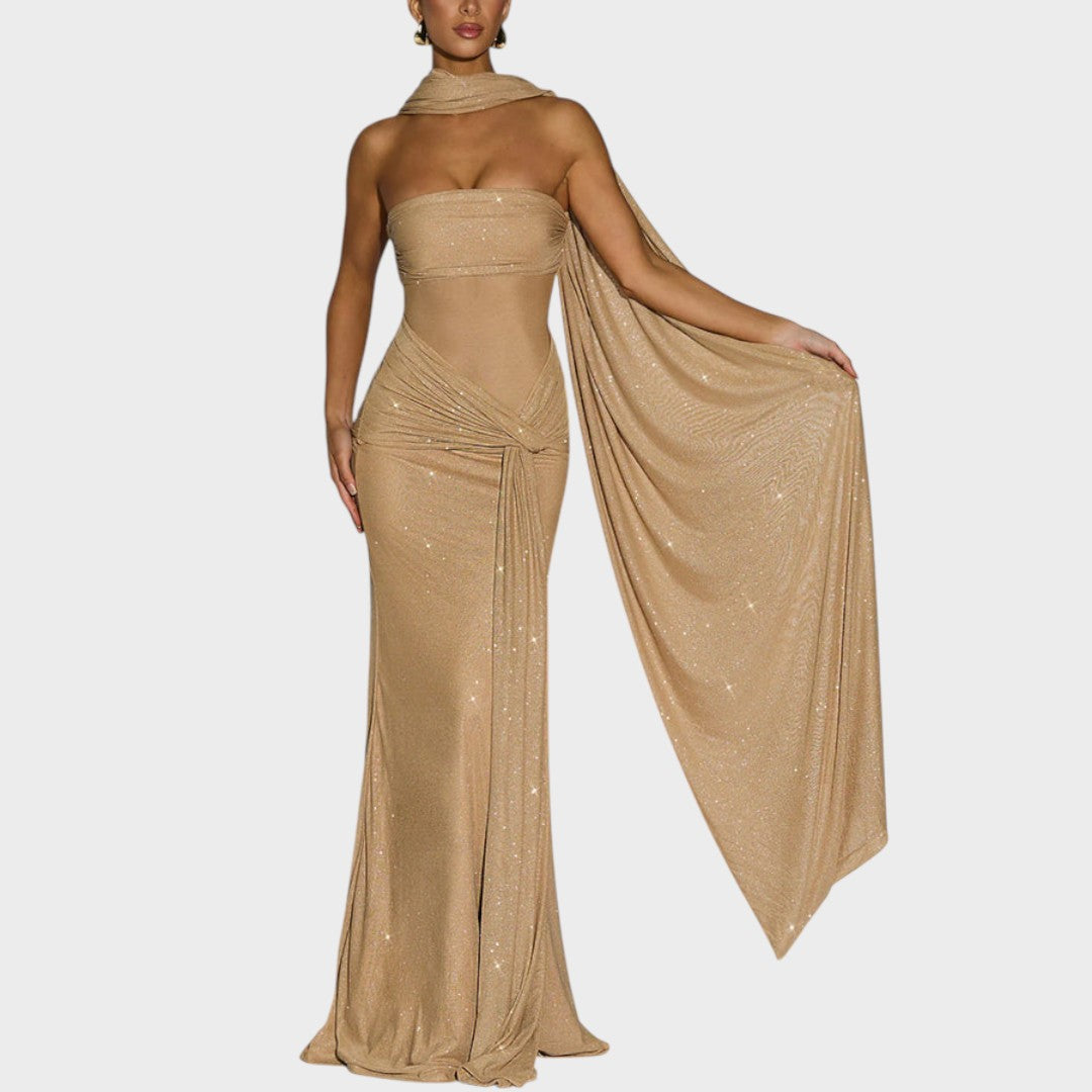 Ingrid - Vestido maxi con lentejuelas y tela de red