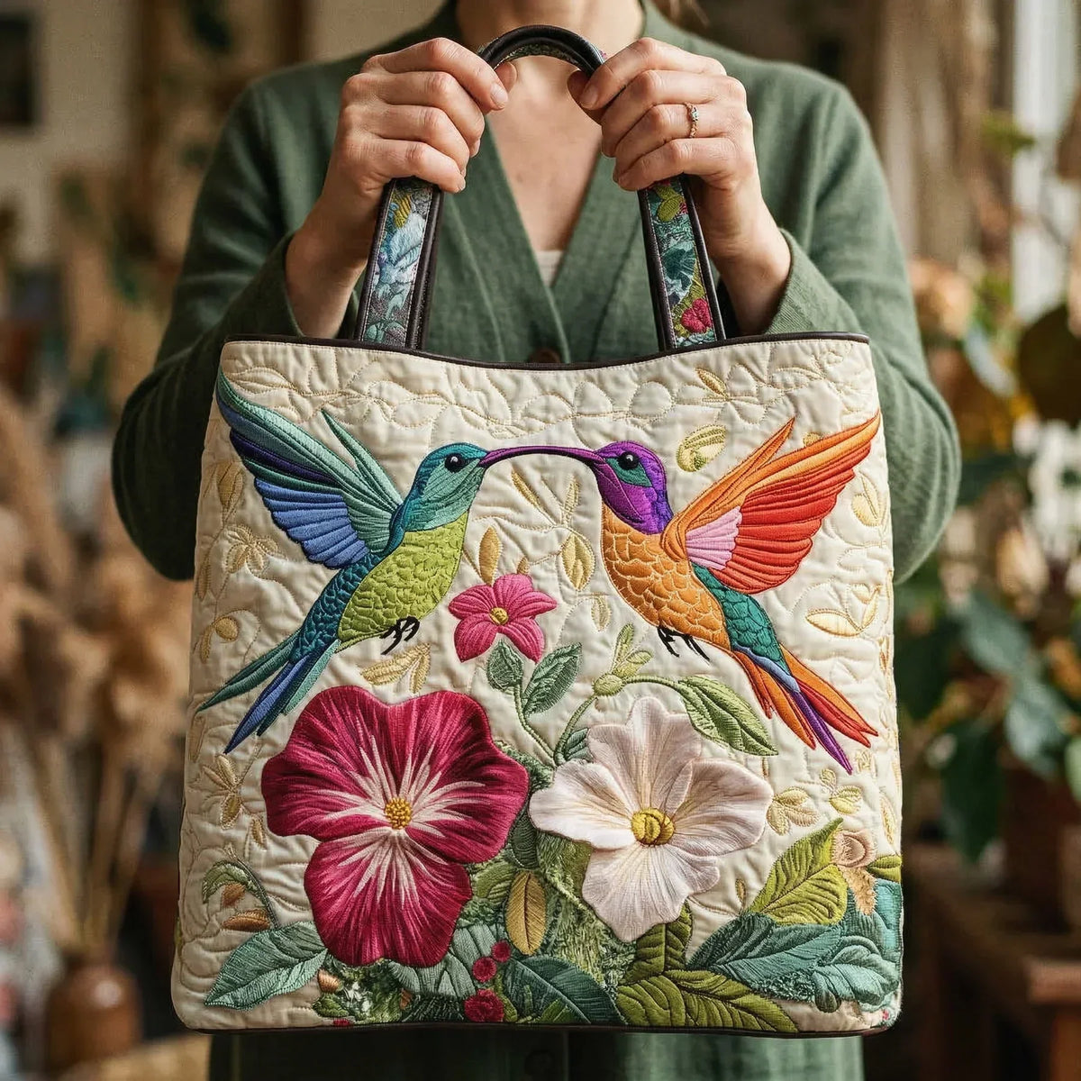 Colibrí y Flores | Bolso Artesanal Acolchado