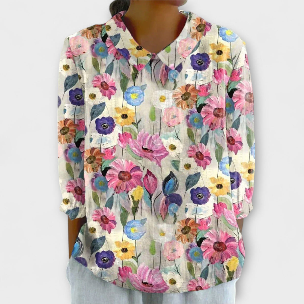 Kelly - Blusa vintage de algodón-lino con flores