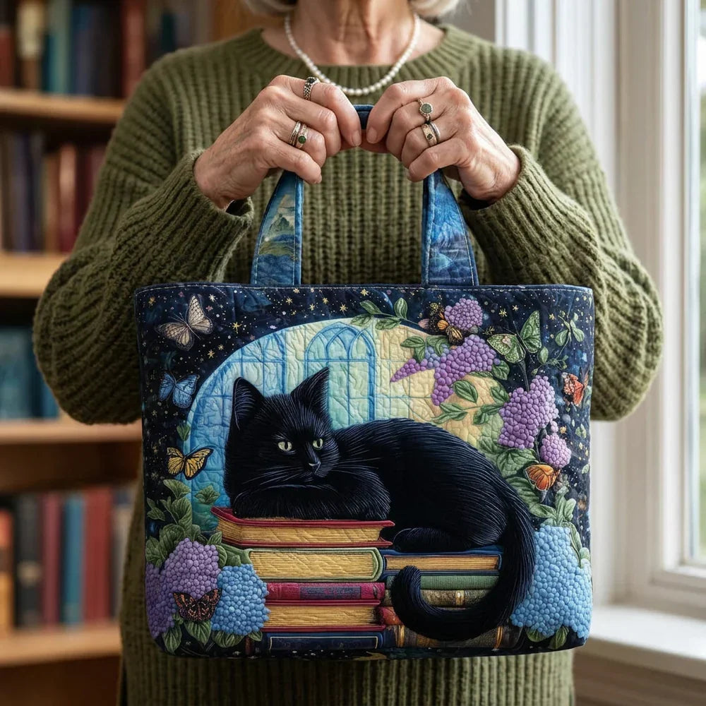 Gato Negro y Libros | Bolso Artesanal Acolchado
