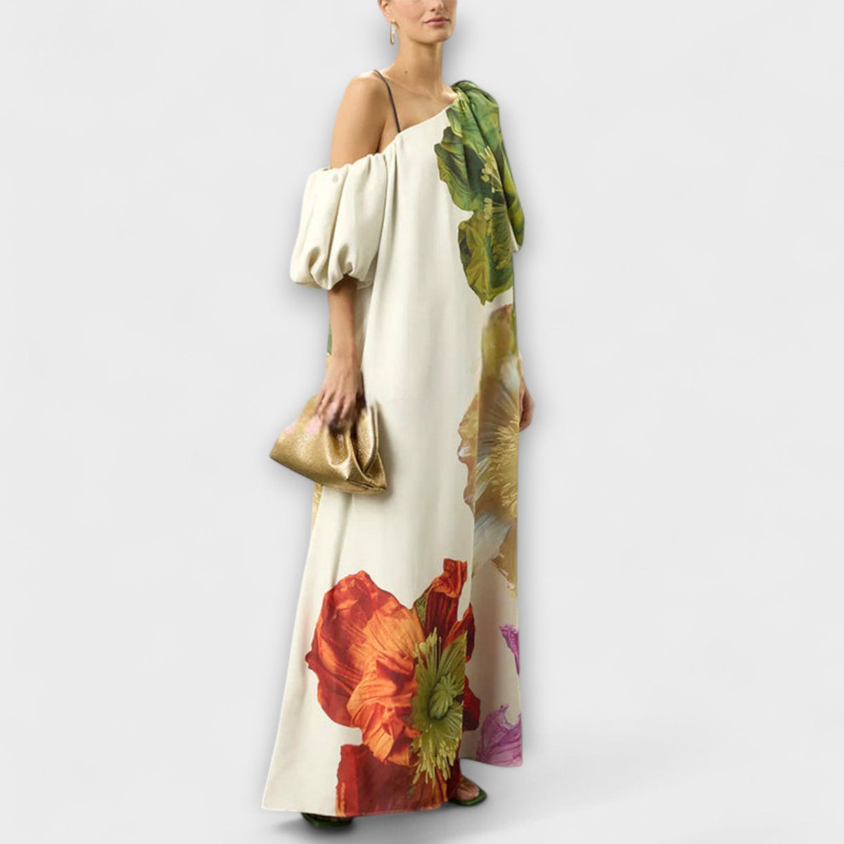 Skylar - Vestido maxi de flores, escote asimétrico y mangas abullonadas