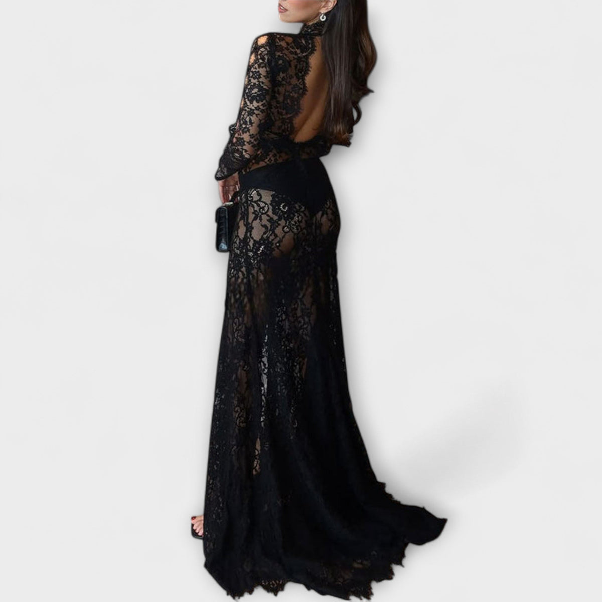 Azalea - Elegancia de Medianoche Vestido Maxi Largo con Mangas de Encaje Transparente