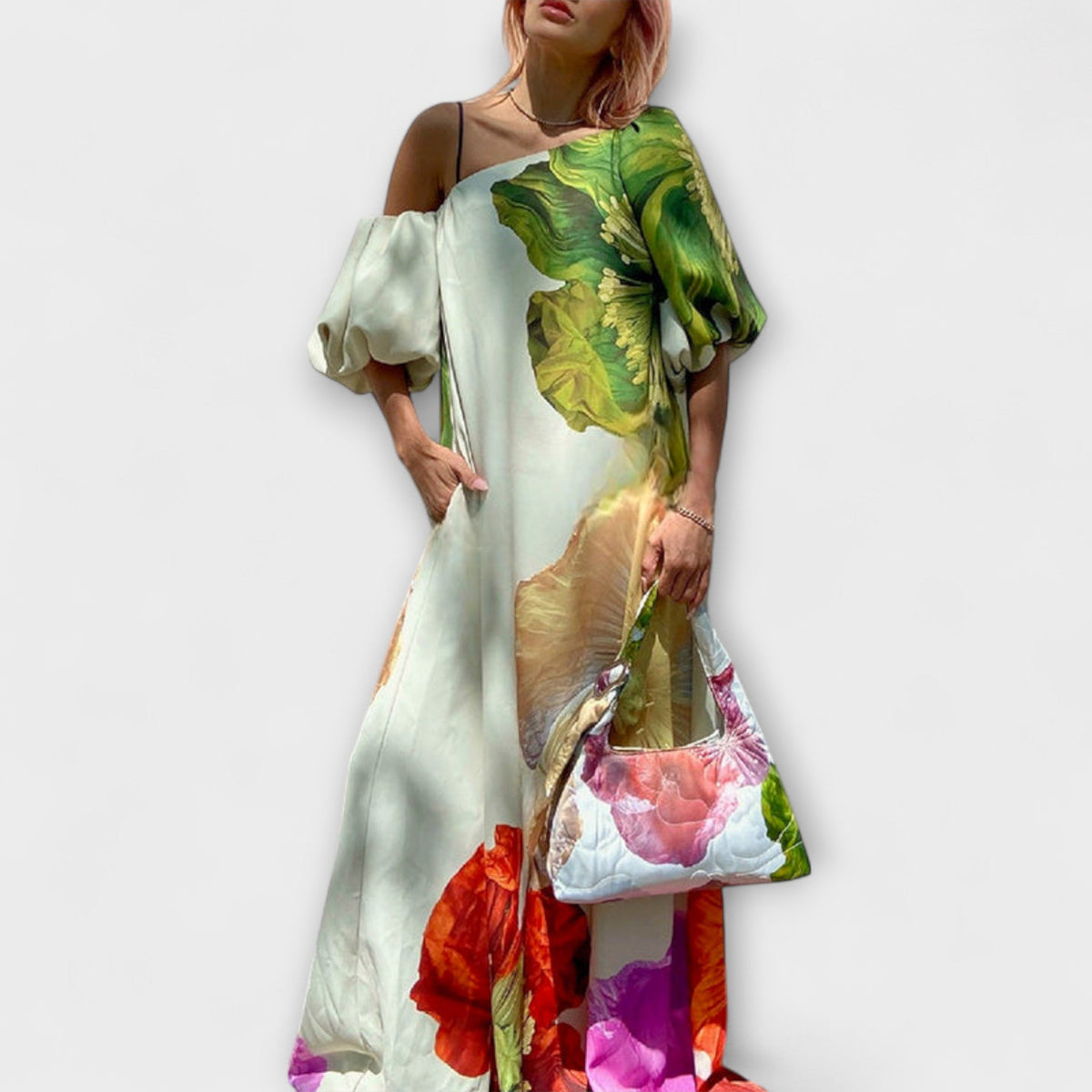Skylar - Vestido maxi de flores, escote asimétrico y mangas abullonadas