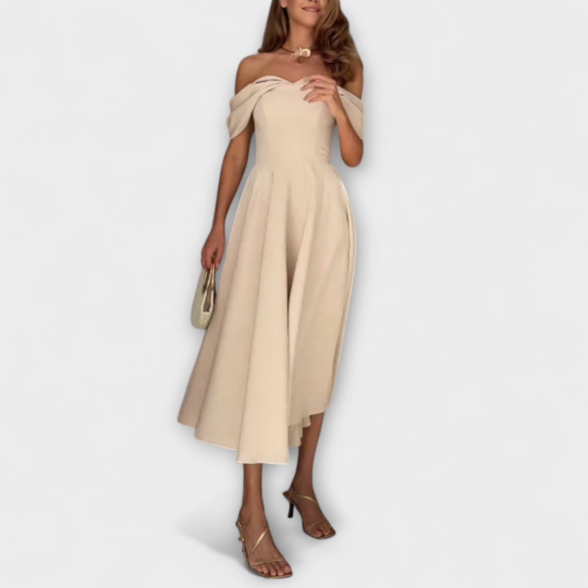 Romy - Vestido maxi chic con hombros descubiertos y drapeados
