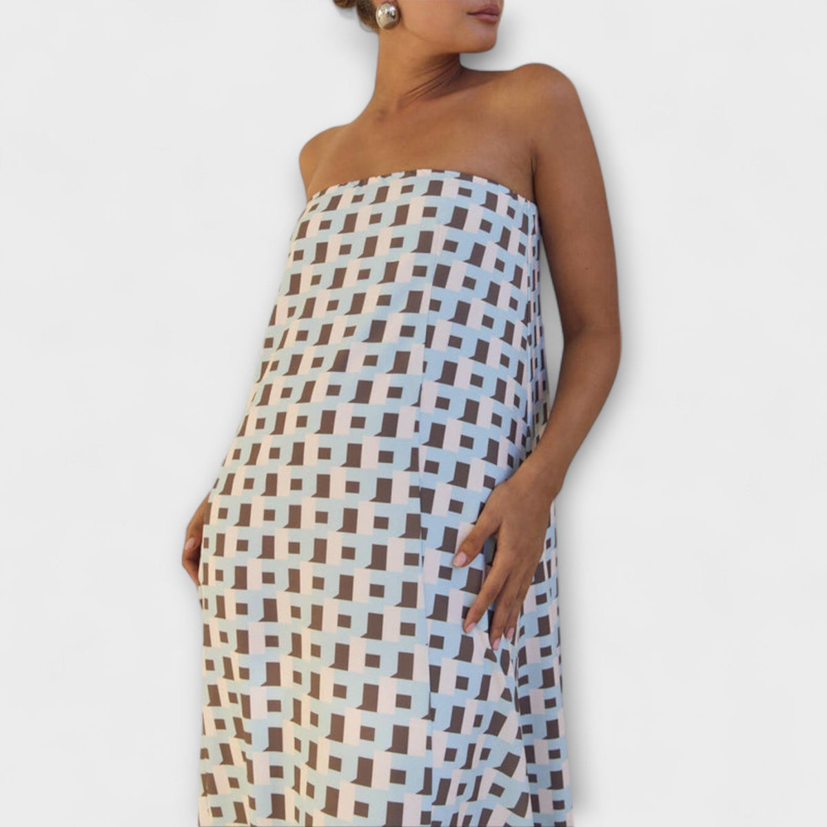 Rjava - Vestido maxi geométrico único con hombros descubiertos
