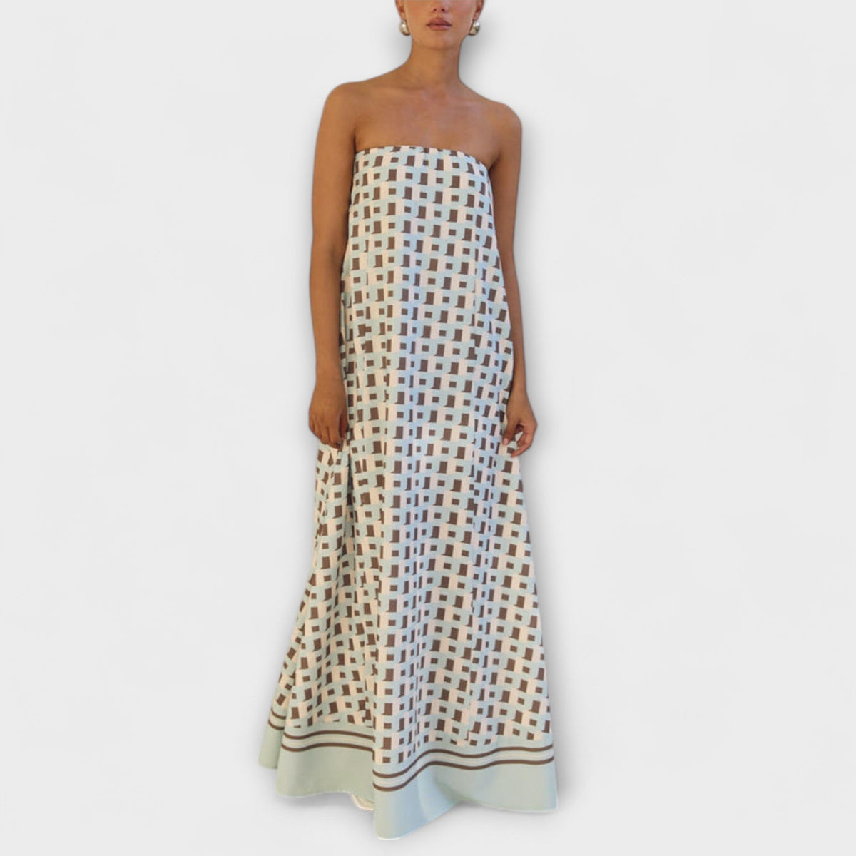 Rjava - Vestido maxi geométrico único con hombros descubiertos
