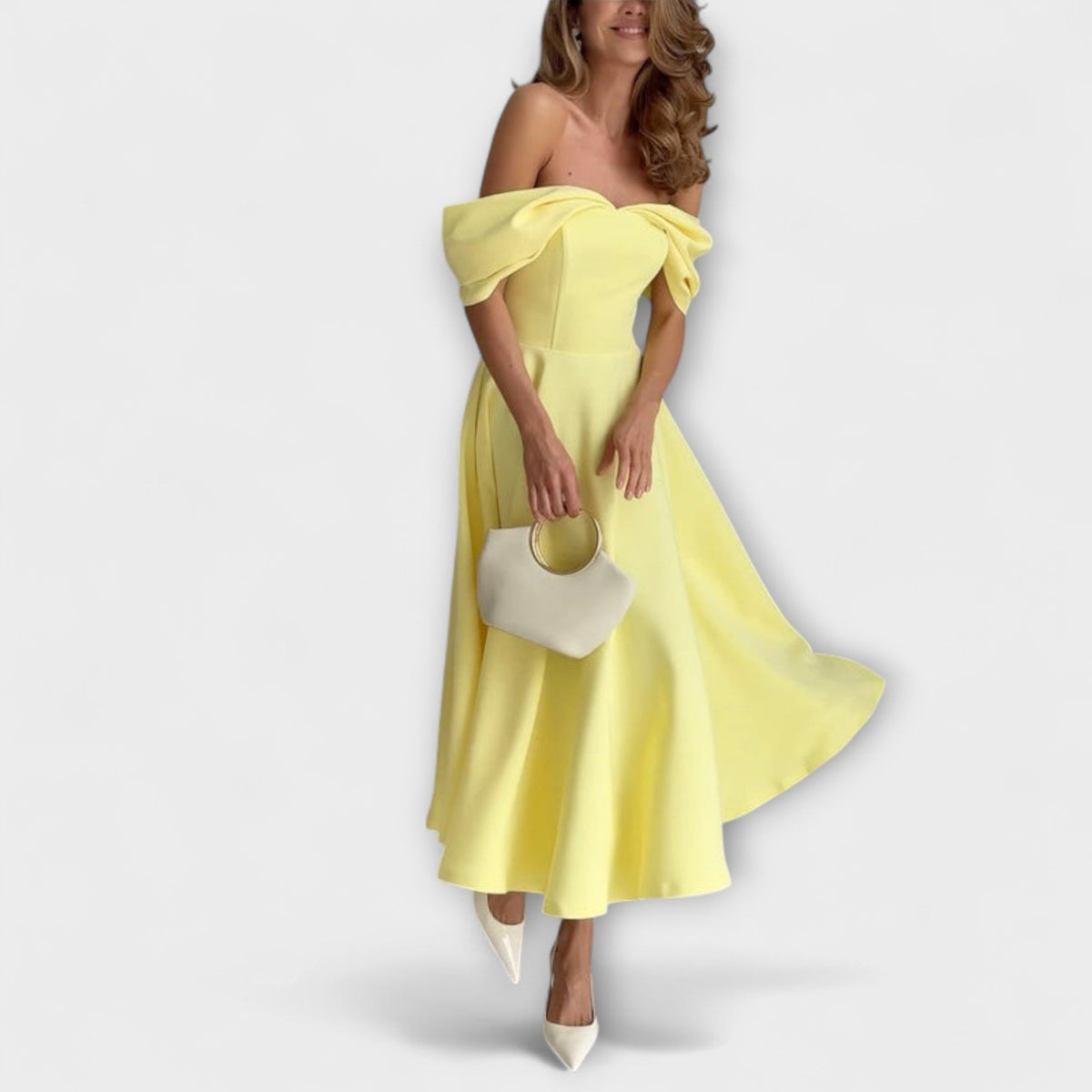 Romy - Vestido maxi chic con hombros descubiertos y drapeados