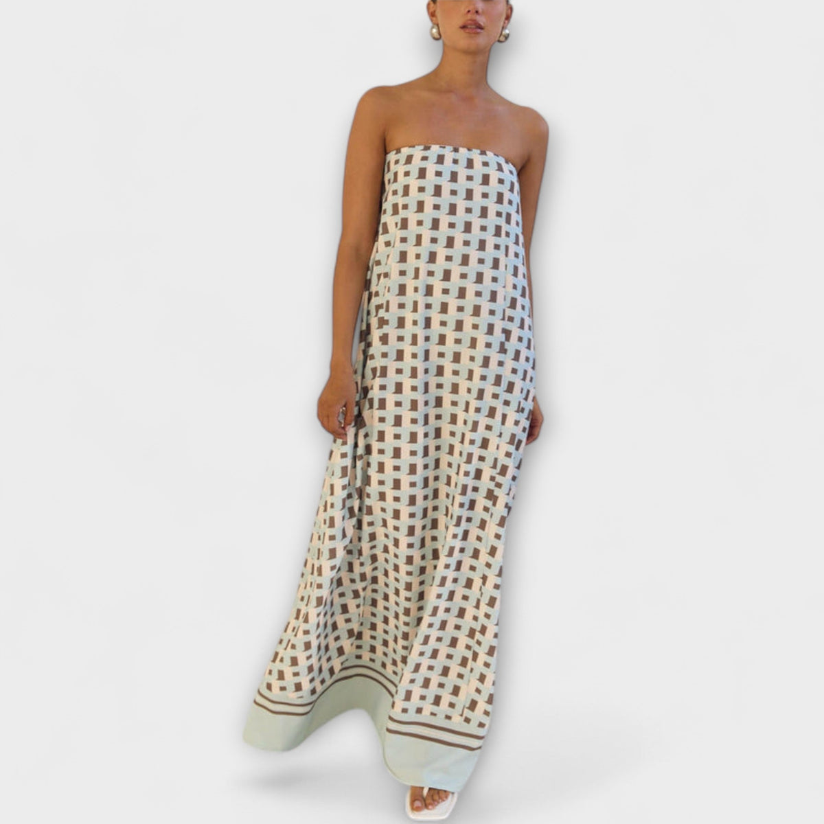 Rjava - Vestido maxi geométrico único con hombros descubiertos