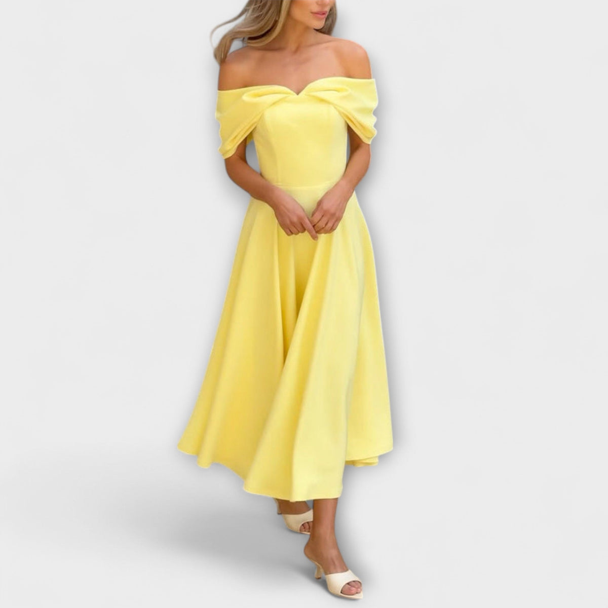 Romy - Vestido maxi chic con hombros descubiertos y drapeados