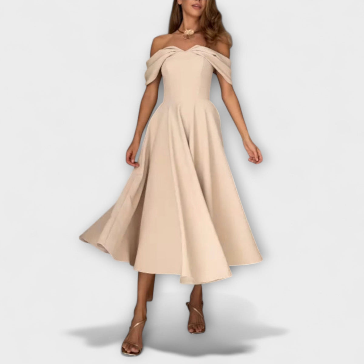 Romy - Vestido maxi chic con hombros descubiertos y drapeados