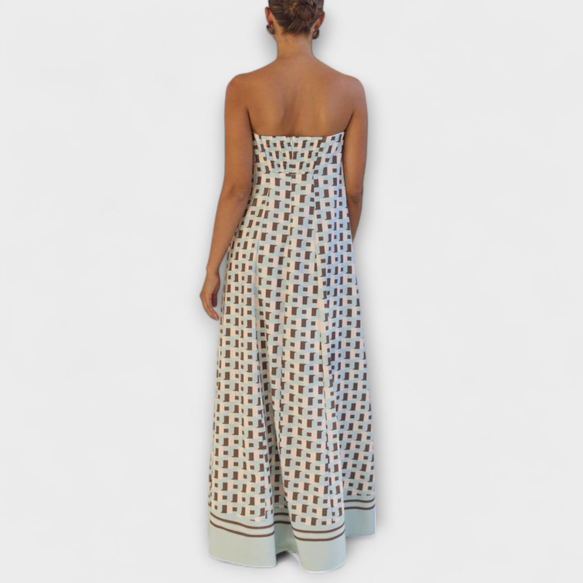 Rjava - Vestido maxi geométrico único con hombros descubiertos
