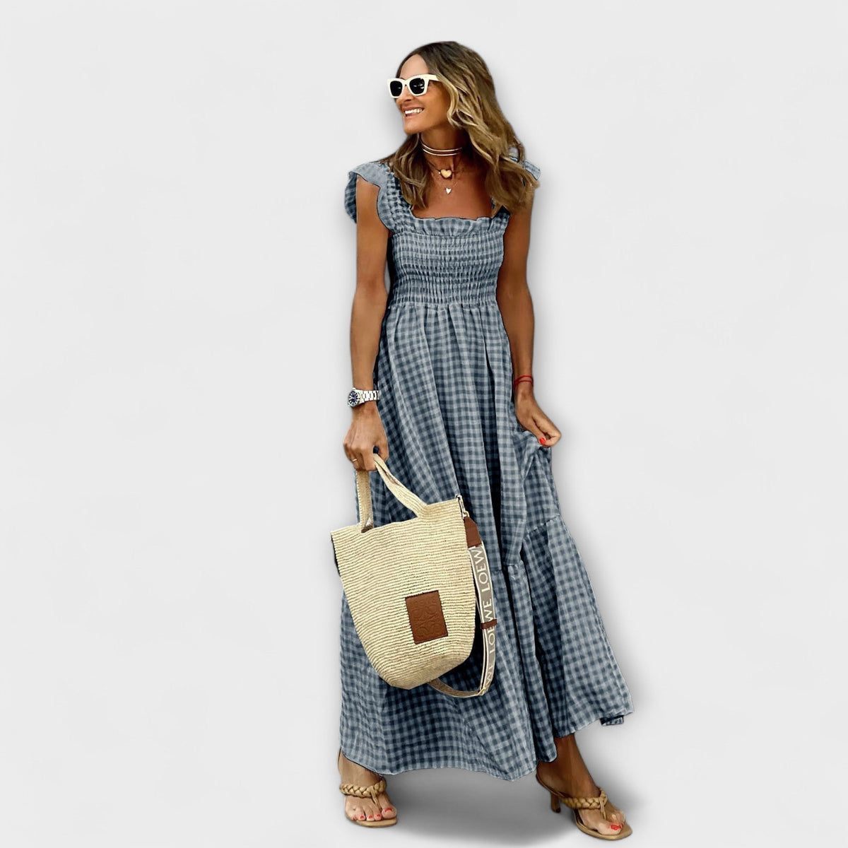 Vestido Maxi a Cuadros con Mangas Volantes