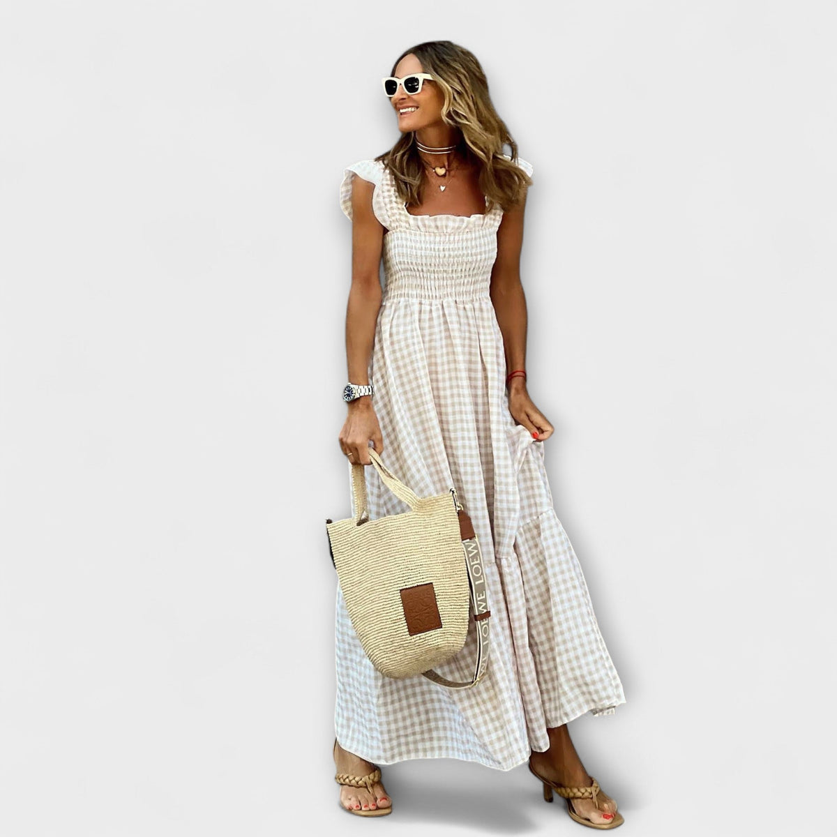 Vestido Maxi a Cuadros con Mangas Volantes