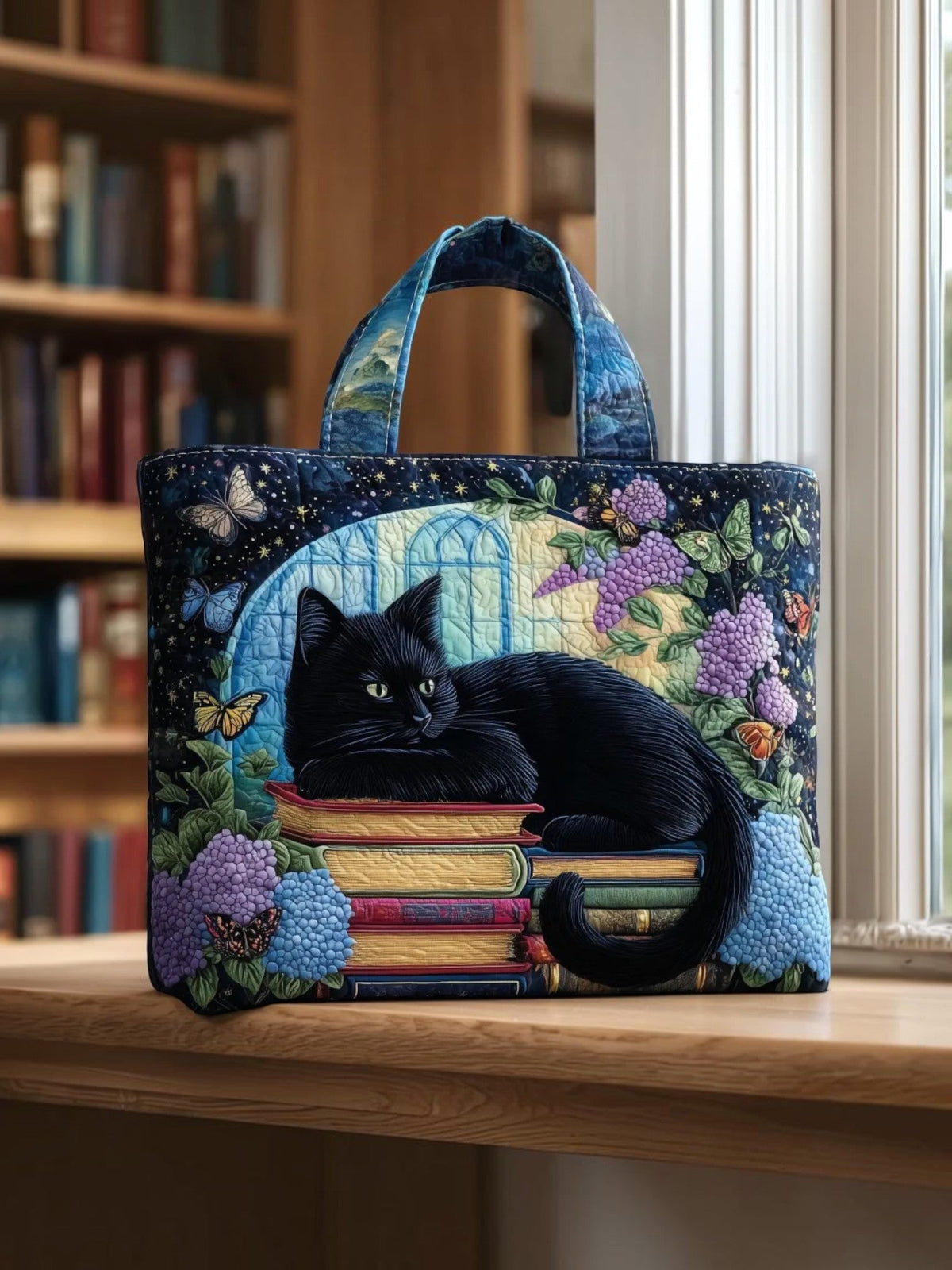 Gato Negro y Libros | Bolso Artesanal Acolchado