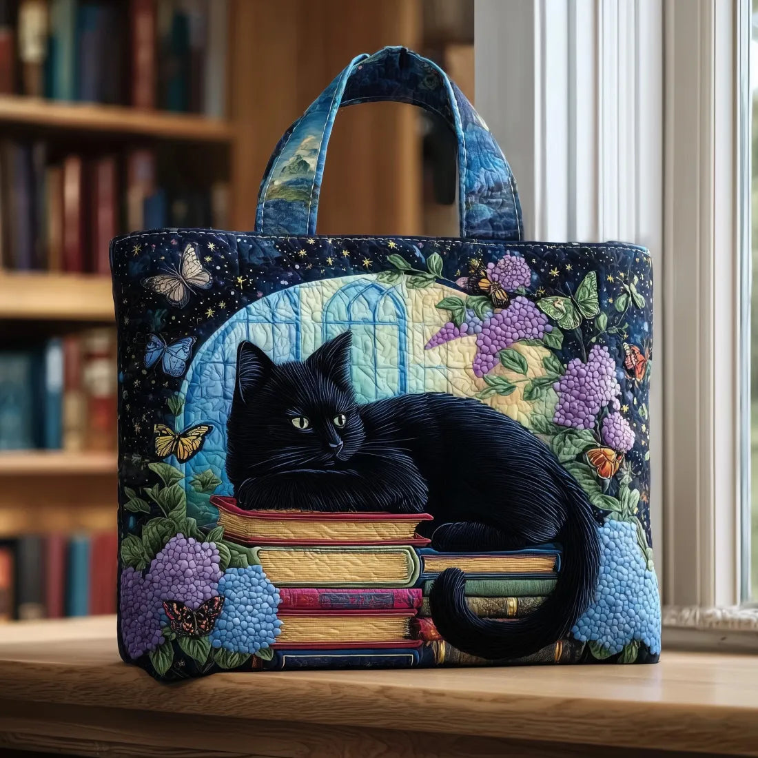 Gato Negro y Libros | Bolso Artesanal Acolchado
