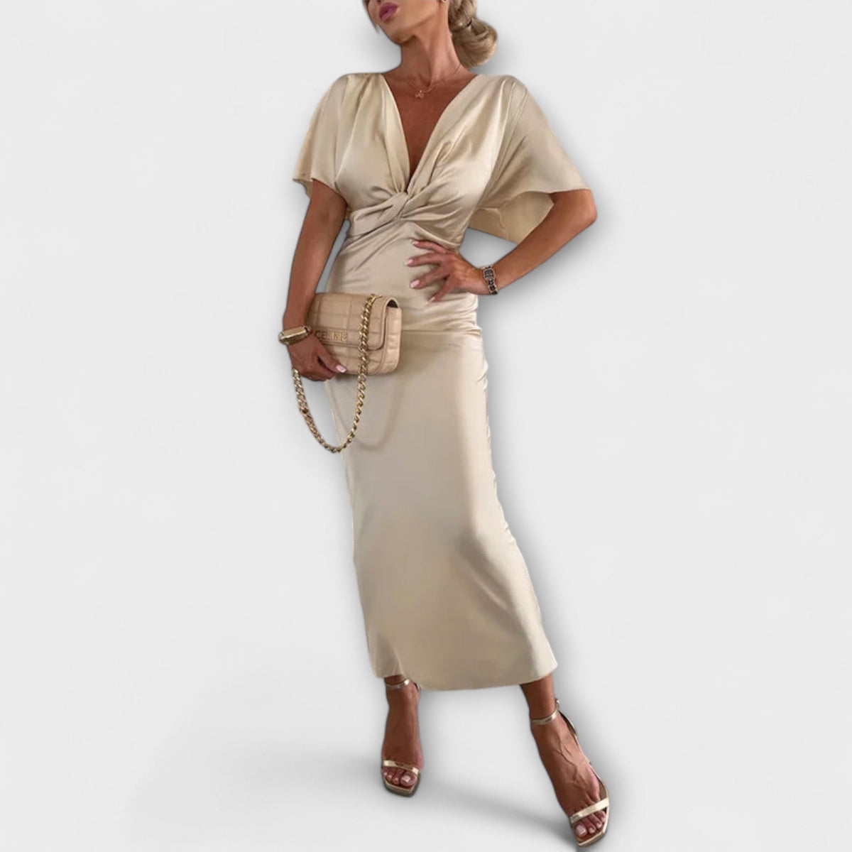 Sable - Vestido maxi con escote en V y nudo cruzado en satén sólido