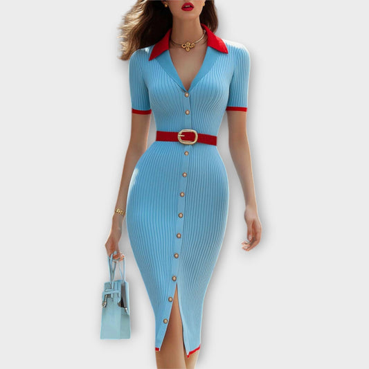Sina - Elegante vestido ajustado a rayas azul pastel