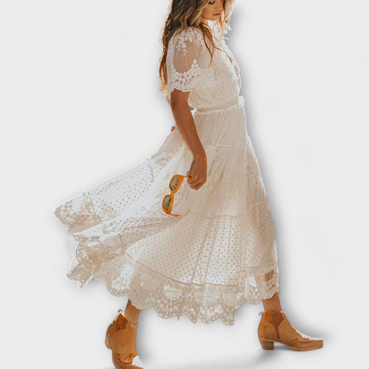 Robe Midi Lacey con Escote en V y Mangas Cortas