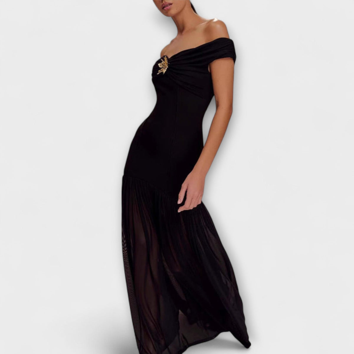 Maelie - Vestido maxi bodycon sin tirantes elegante con decoraciones florales