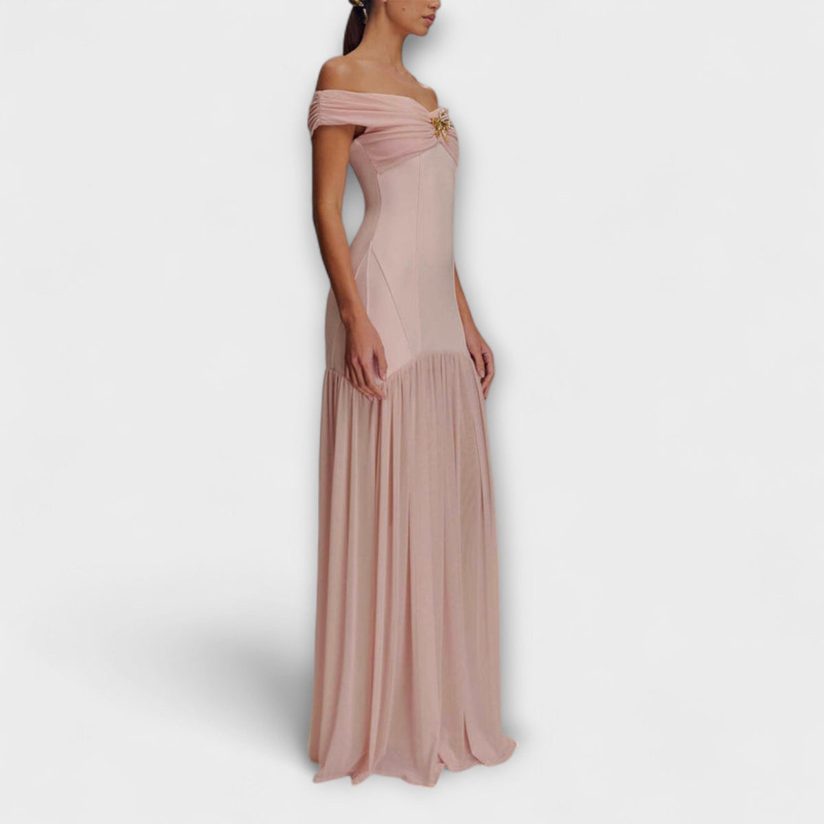 Maelie - Vestido maxi bodycon sin tirantes elegante con decoraciones florales