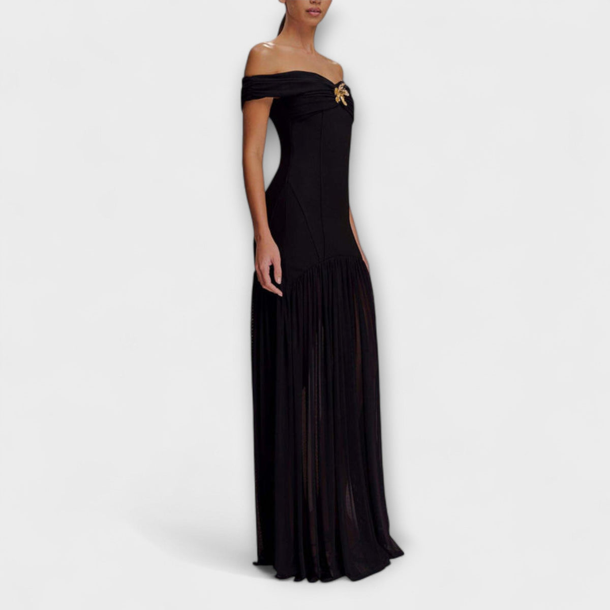 Maelie - Vestido maxi bodycon sin tirantes elegante con decoraciones florales