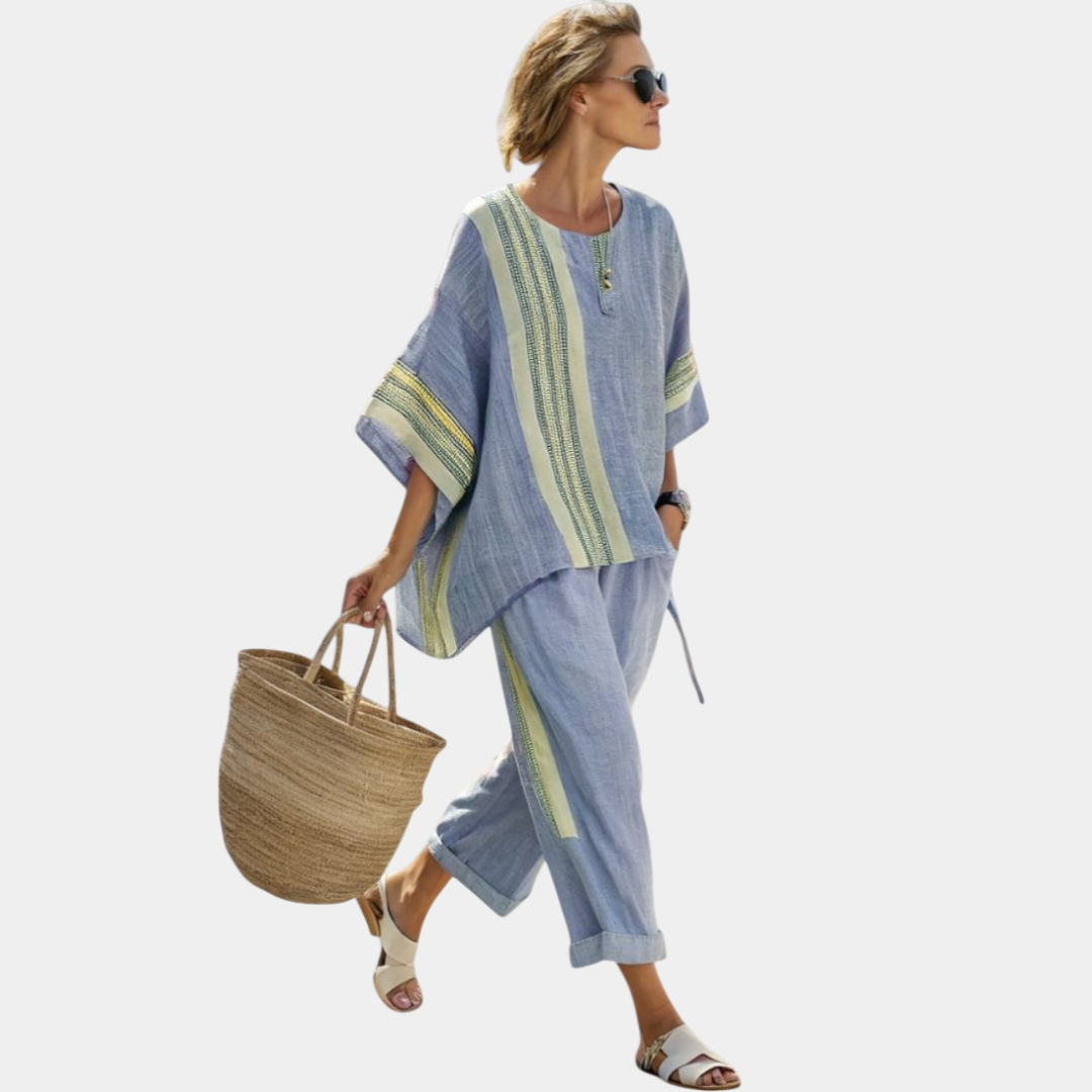 Tess | Top Elegante Lavanda y Pantalones a Rayas Mostaza