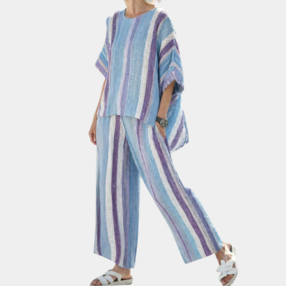 Yasmine | Top elegante lila pastel y pantalones a rayas