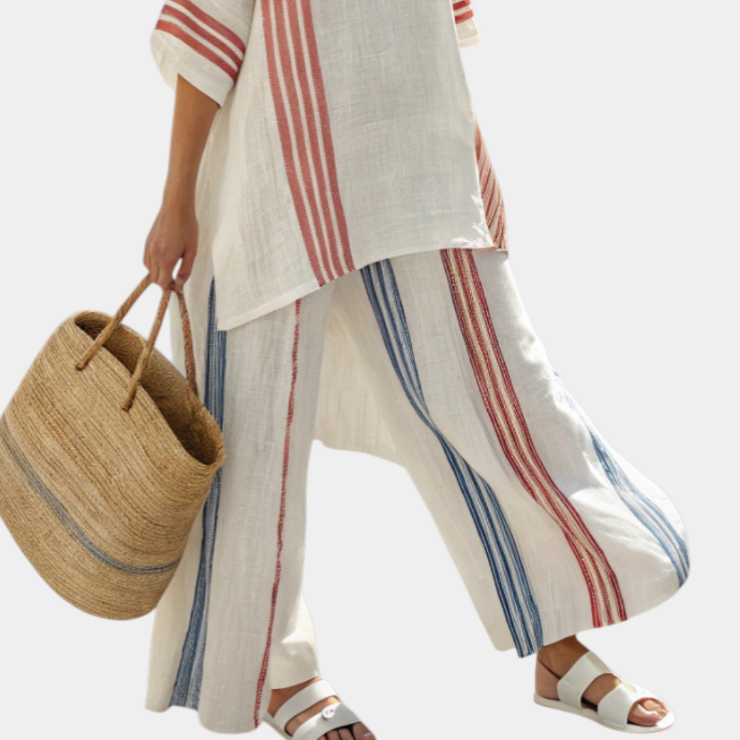 Béatrice | top a rayas multicolores sofisticado y pantalones mediterráneos