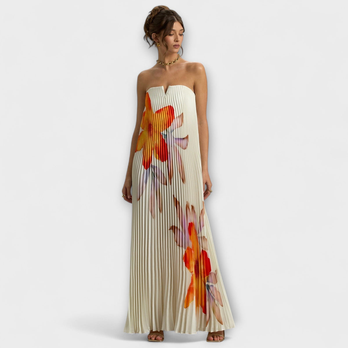 Michelle - Vestido maxi con escote en corazón y motivo floral naranja