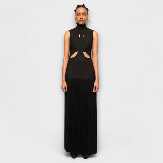 Kristen - Vestido maxi con detalles plisados y escote
