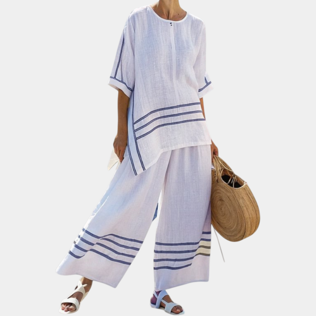 Vittorina | Blusa asimétrica de rayas sofisticadas y pantalones audaces