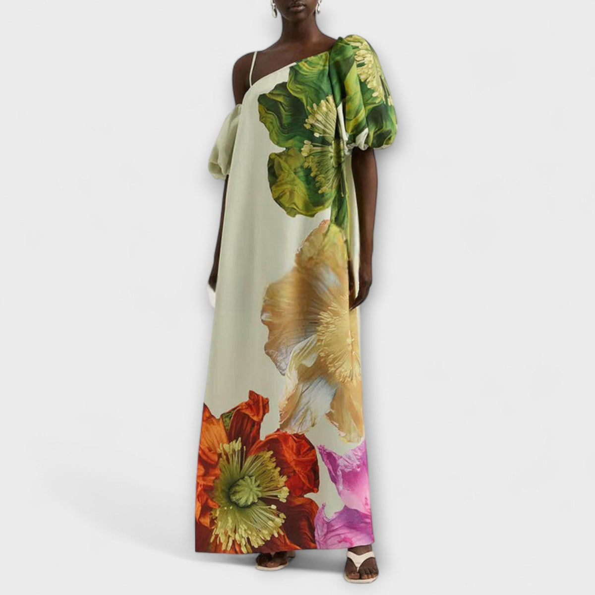 Skylar - Vestido maxi de flores, escote asimétrico y mangas abullonadas