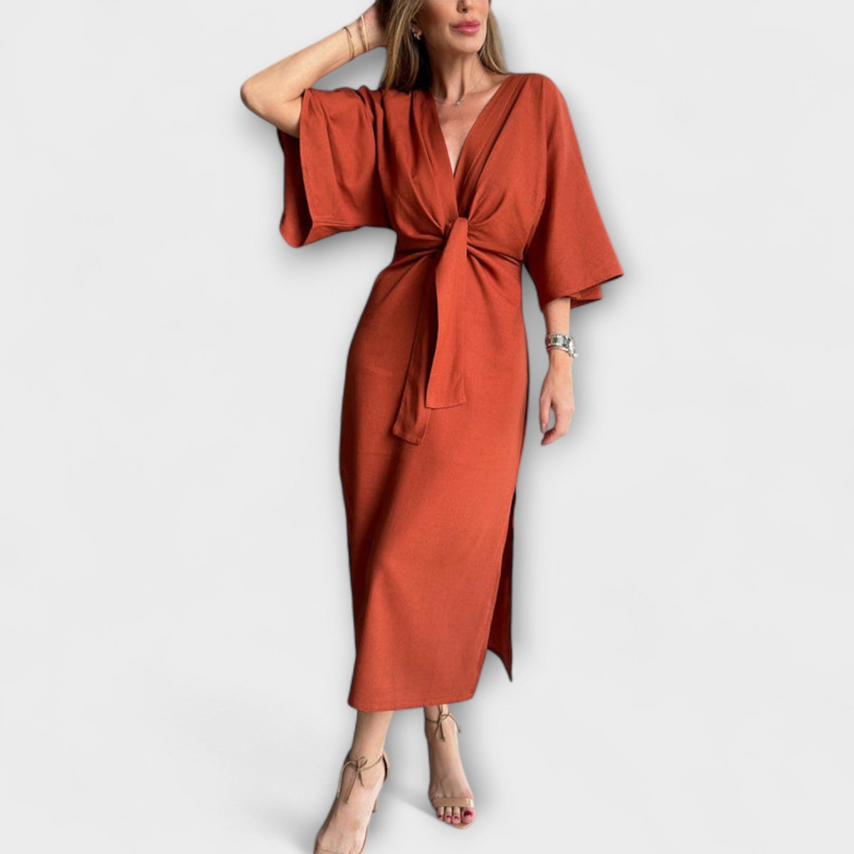 Holly - Vestido casual con escote en V, realizado en algodón y lino con cinturón