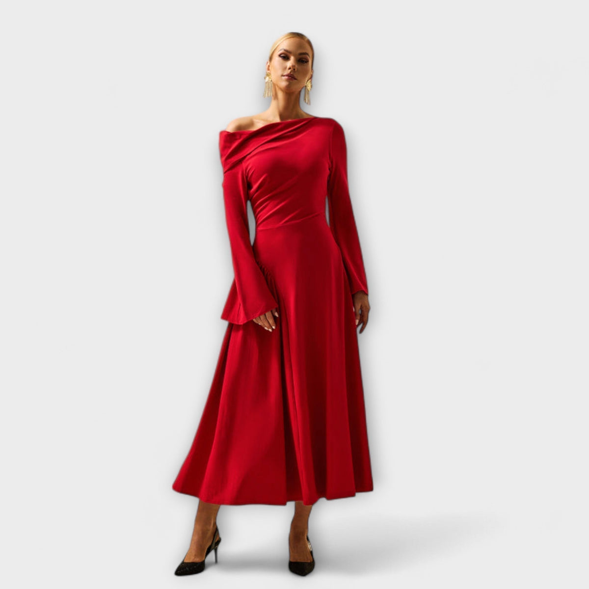 Vila - Vestido midi con hombros descubiertos y mangas abullonadas