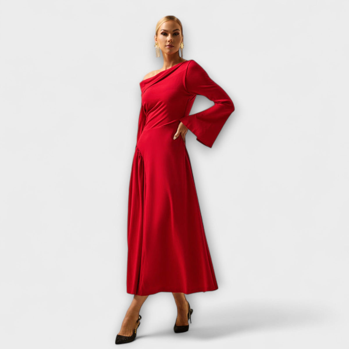 Vila - Vestido midi con hombros descubiertos y mangas abullonadas