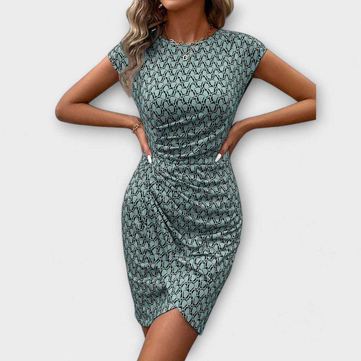 Emma - Vestido de manga corta estilo tulipán con estampado en toda la superficie