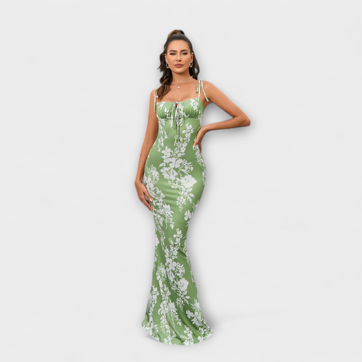 Thalia - Vestido de baile con motivo floral y tirantes anudados
