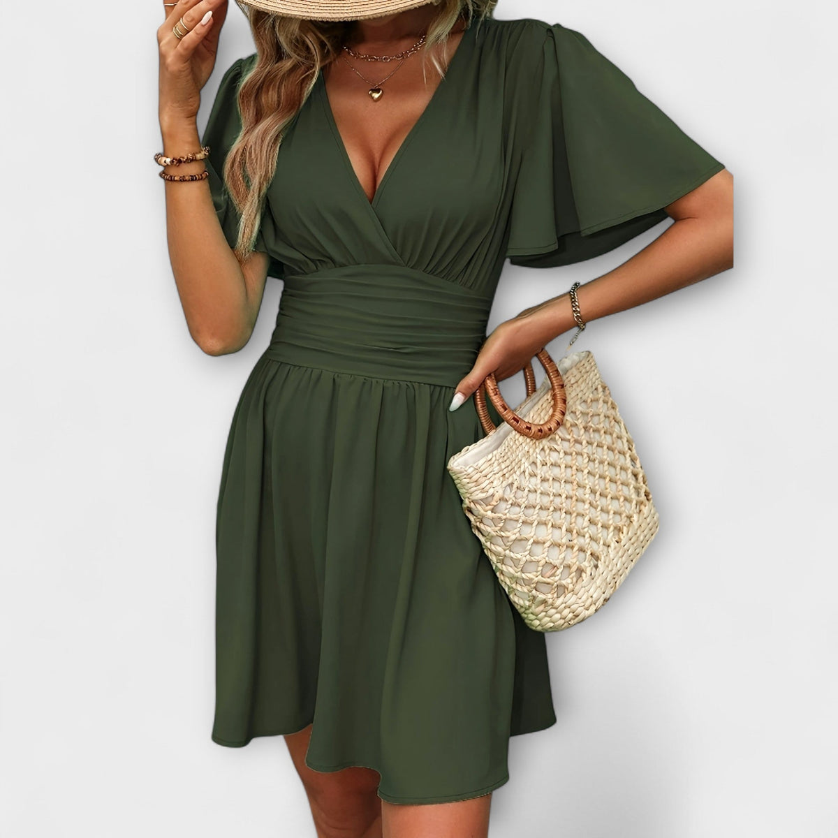 Winslet - Vestido con Cintura Plisada y Escote en V
